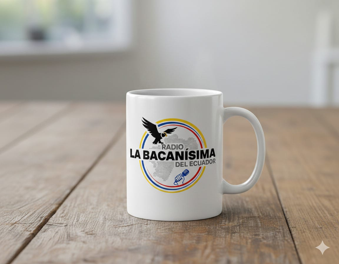 Taza blanca de Radio La Bacanísima del Ecuador