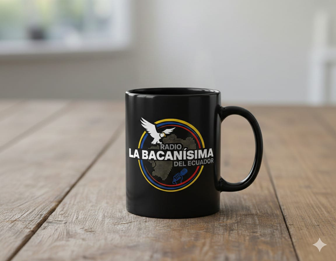 Taza negra de Radio La Bacanísima del Ecuador